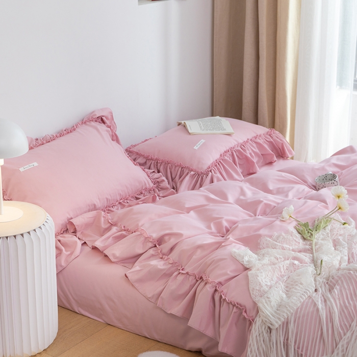 91家纺网 家纺一手货源 找家纺 乐卧 2026新款纯色荷叶边水洗磨毛四件套 爱相随-可爱粉