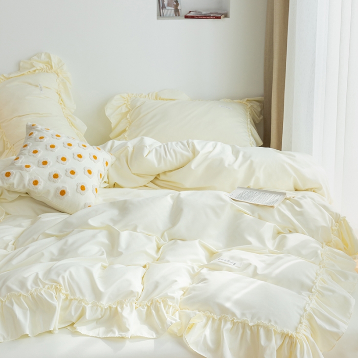 91家纺网 家纺一手货源 找家纺 乐卧 2026新款纯色荷叶边水洗磨毛四件套 爱相随-米黄色