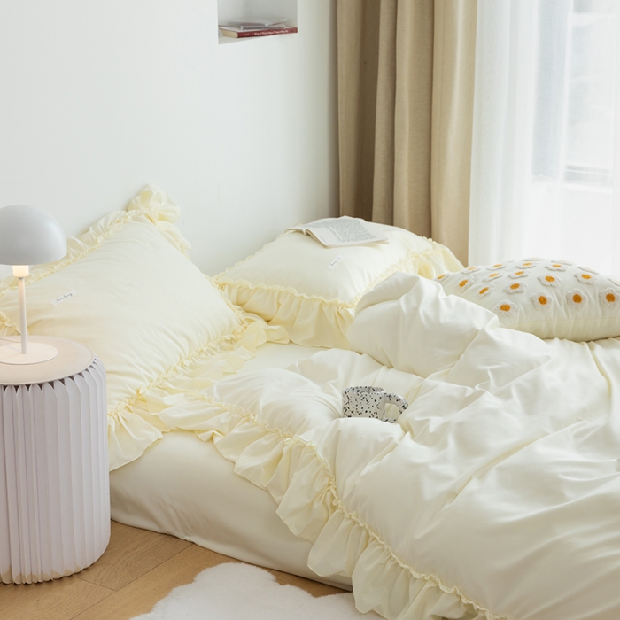 91家纺网 家纺一手货源 找家纺 乐卧 2026新款纯色荷叶边水洗磨毛四件套 爱相随-米黄色