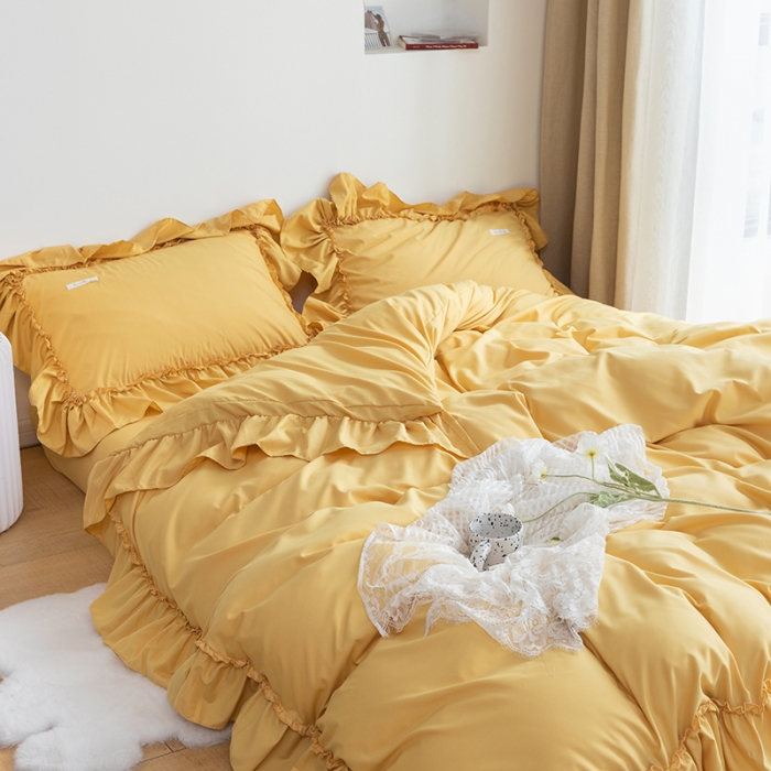 91家纺网 家纺一手货源 找家纺 乐卧 2026新款纯色荷叶边水洗磨毛四件套 爱相随-柠檬黄