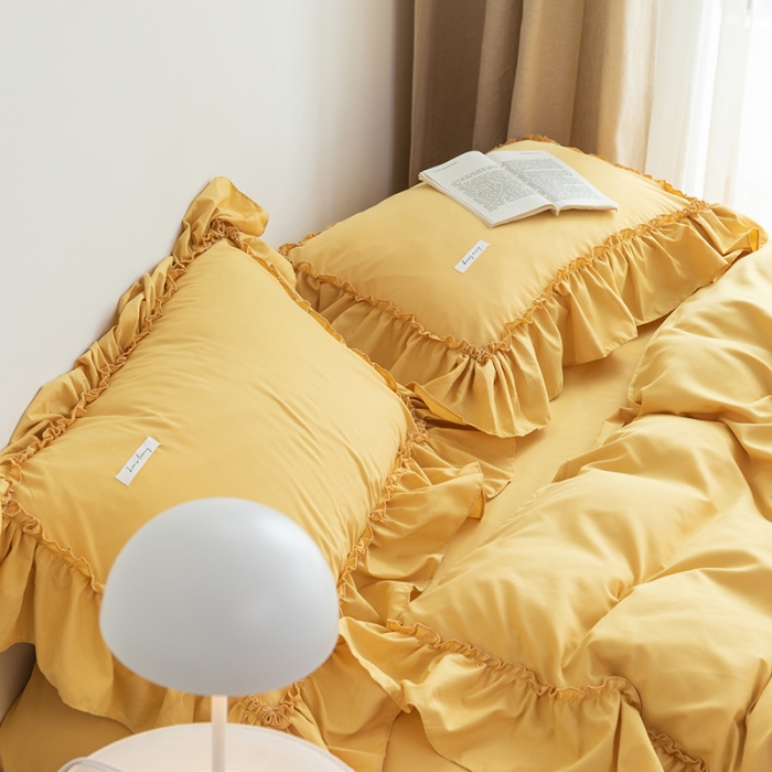 91家纺网 家纺一手货源 找家纺 乐卧 2026新款纯色荷叶边水洗磨毛四件套 爱相随-柠檬黄