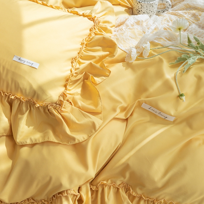 91家纺网 家纺一手货源 找家纺 乐卧 2026新款纯色荷叶边水洗磨毛四件套 爱相随-柠檬黄
