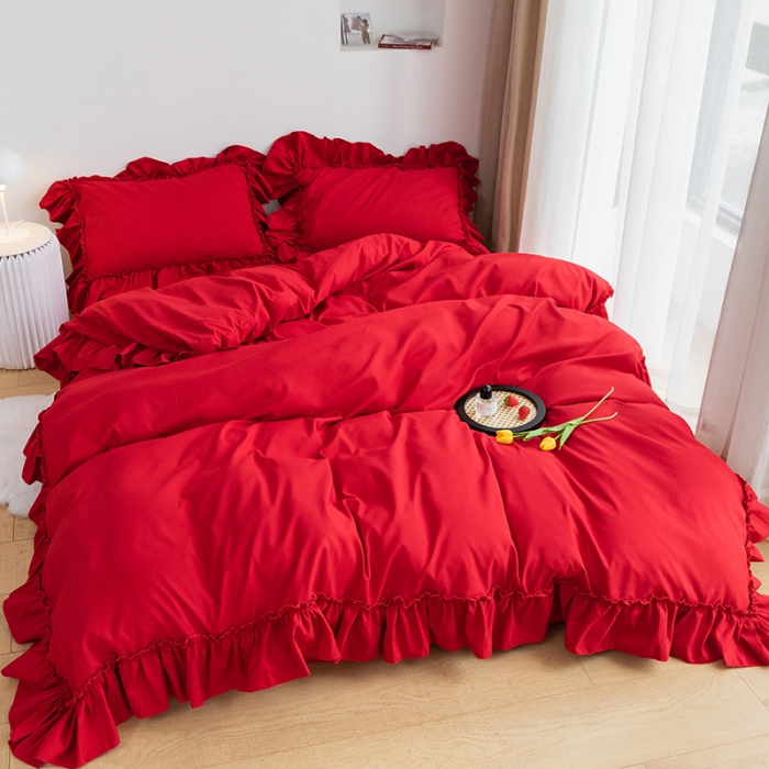 91家纺网 家纺一手货源 找家纺 乐卧 2026新款纯色荷叶边水洗磨毛四件套 爱相随-中国红