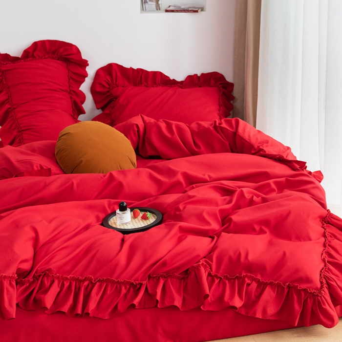 91家纺网 家纺一手货源 找家纺 乐卧 2026新款纯色荷叶边水洗磨毛四件套 爱相随-中国红