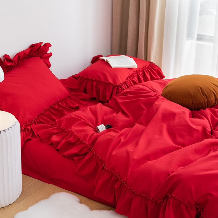 91家纺网 家纺一手货源 找家纺 乐卧 2026新款纯色荷叶边水洗磨毛四件套 爱相随-中国红