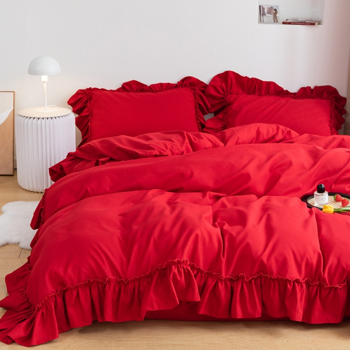 91家纺网 家纺一手货源 找家纺 乐卧 2026新款纯色荷叶边水洗磨毛四件套 爱相随-中国红