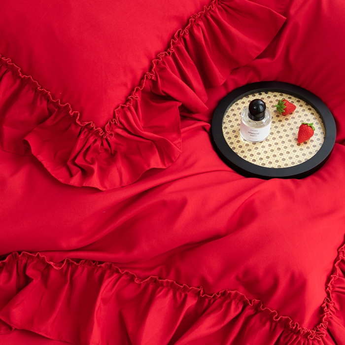 91家纺网 家纺一手货源 找家纺 乐卧 2026新款纯色荷叶边水洗磨毛四件套 爱相随-中国红