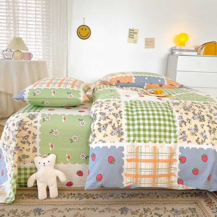 91家纺网 家纺一手货源 找家纺 感遇家纺 2022新款全棉印花四件套 格子小花