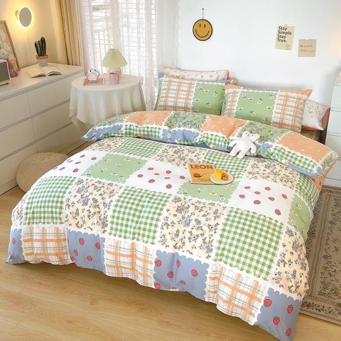 91家纺网 家纺一手货源 找家纺 感遇家纺 2022新款全棉印花四件套 格子小花