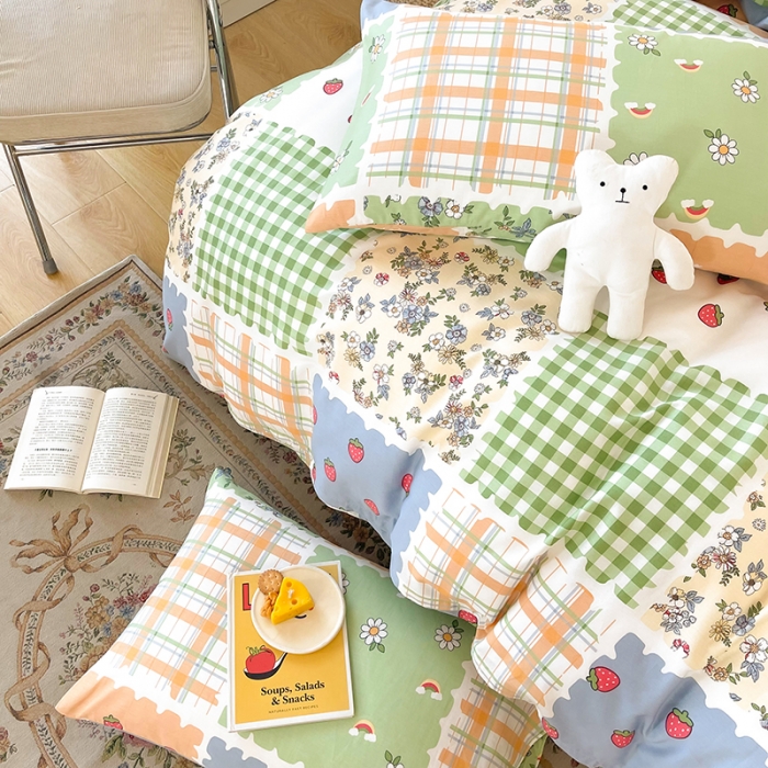 91家纺网 家纺一手货源 找家纺 感遇家纺 2022新款全棉印花四件套 格子小花