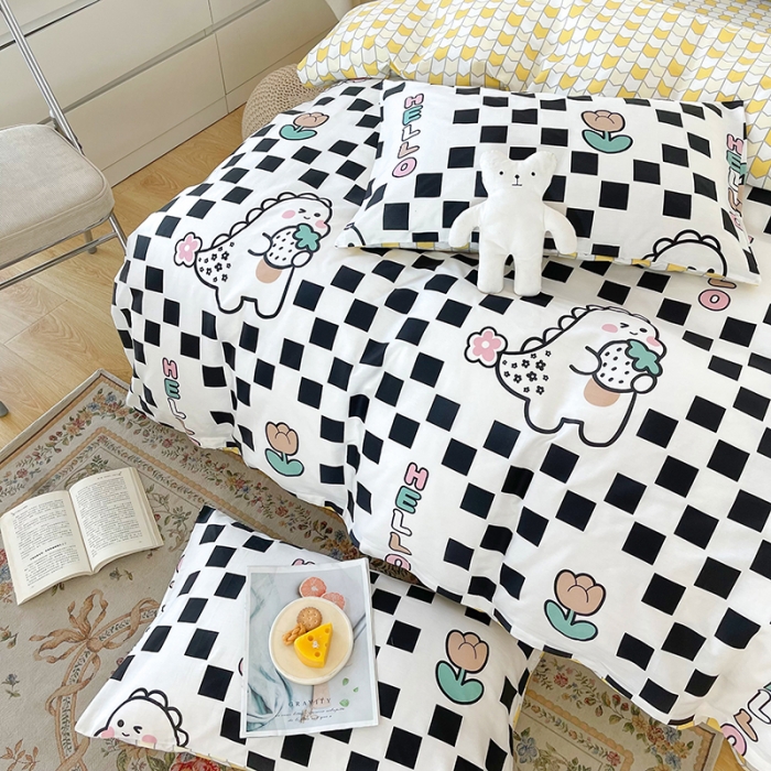 91家纺网 家纺一手货源 找家纺 感遇家纺 2022新款全棉印花四件套 黑格恐龙