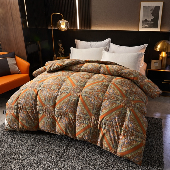 91家纺网 家纺一手货源 找家纺 织梦人羽绒被95级鹅绒120支全棉活性印花大量现货 爱马橙