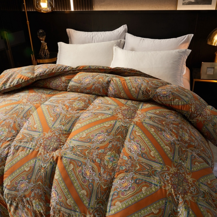 91家纺网 家纺一手货源 找家纺 织梦人羽绒被95级鹅绒120支全棉活性印花大量现货 爱马橙