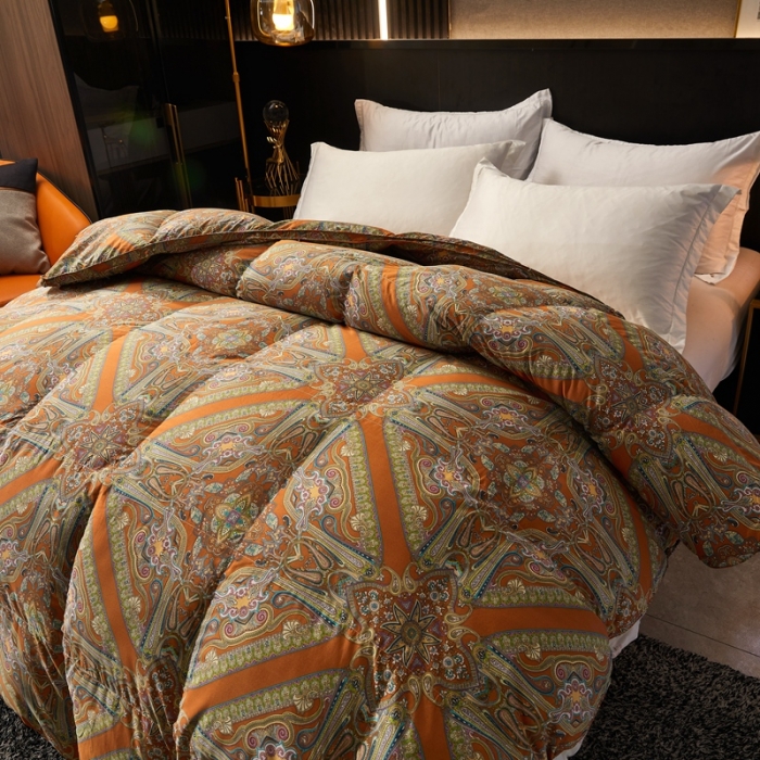 91家纺网 家纺一手货源 找家纺 织梦人羽绒被95级鹅绒120支全棉活性印花大量现货 爱马橙