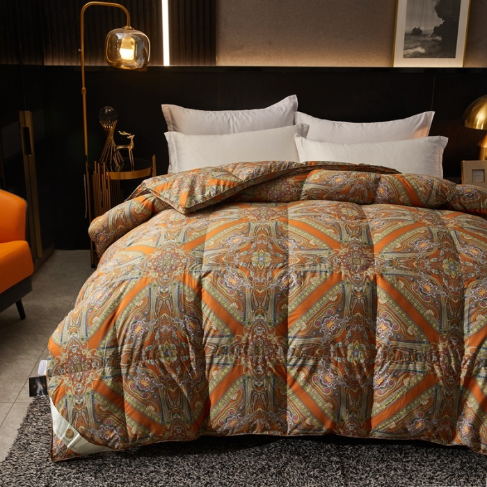 91家纺网 家纺一手货源 找家纺 织梦人羽绒被95级鹅绒120支全棉活性印花大量现货 爱马橙