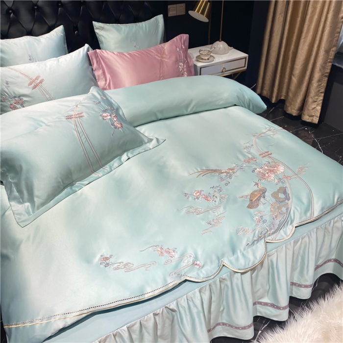 91家纺网 家纺一手货源 找家纺 品家居 2021新款60支水洗真丝全棉四件套梦唐阁系列 梦唐阁-绿色