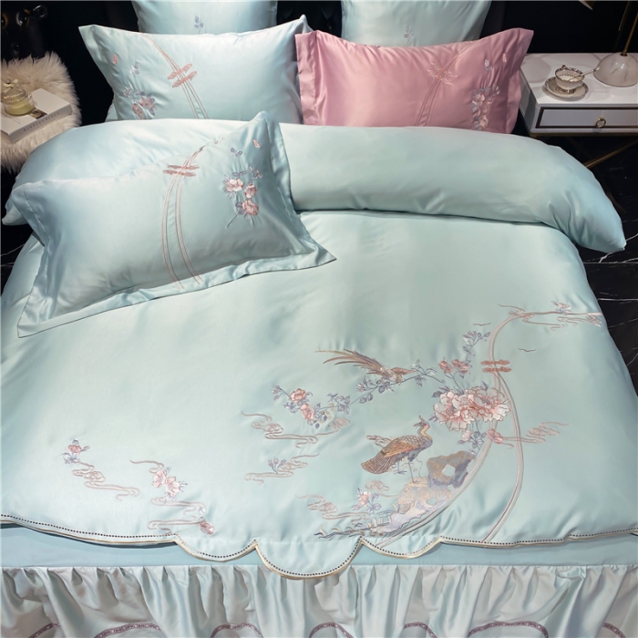 91家纺网 家纺一手货源 找家纺 品家居 2021新款60支水洗真丝全棉四件套梦唐阁系列 梦唐阁-绿色