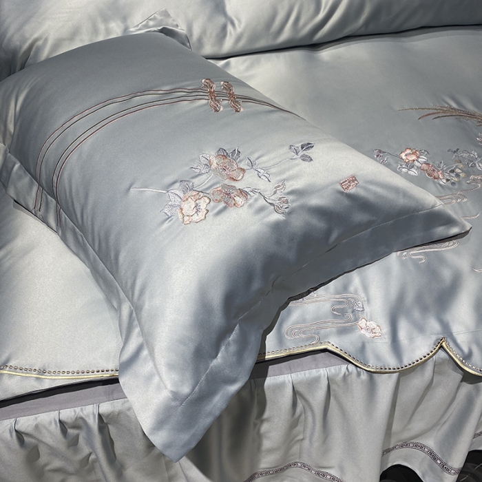 91家纺网 家纺一手货源 找家纺 品家居 2021新款60支水洗真丝全棉四件套梦唐阁系列 梦唐阁-浅灰