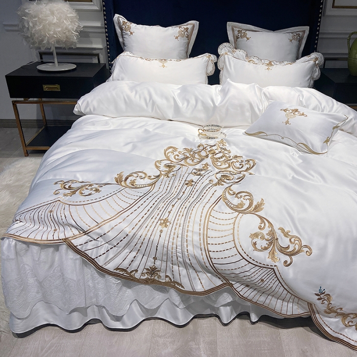 91家纺网 家纺一手货源 找家纺 品家居 2021新款世嘉系列刺绣床裙款四件套 白