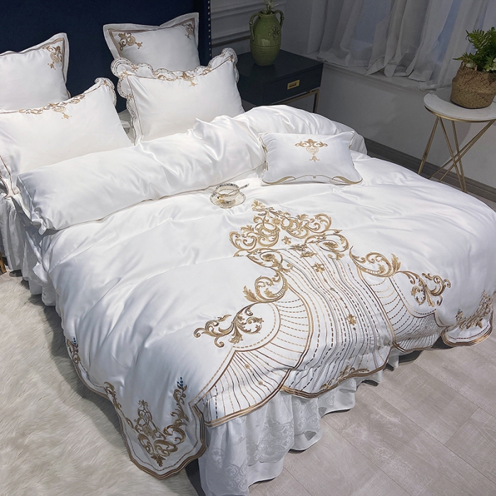 91家纺网 家纺一手货源 找家纺 品家居 2021新款世嘉系列刺绣床裙款四件套 白