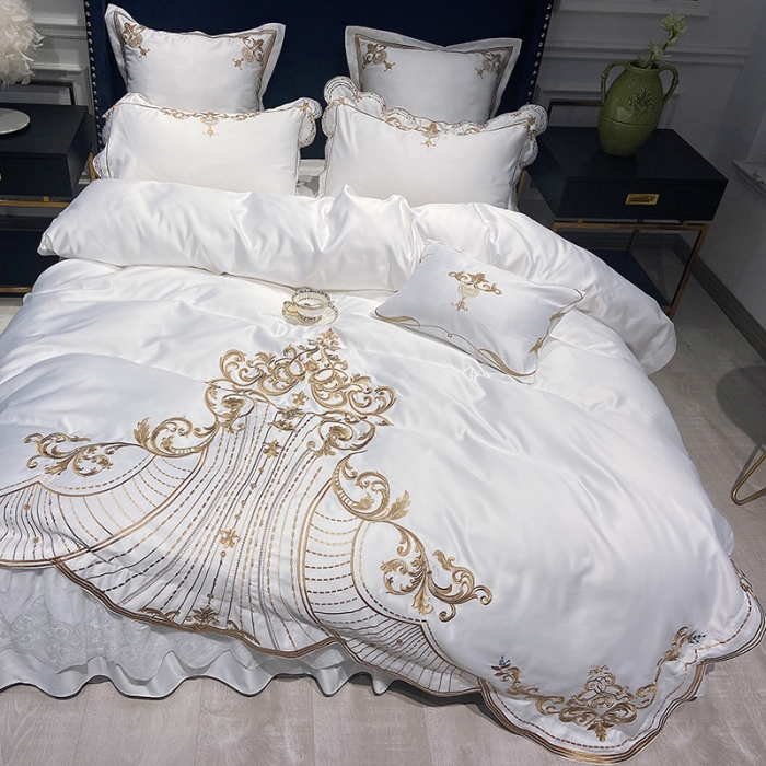 91家纺网 家纺一手货源 找家纺 品家居 2021新款世嘉系列刺绣床裙款四件套 白