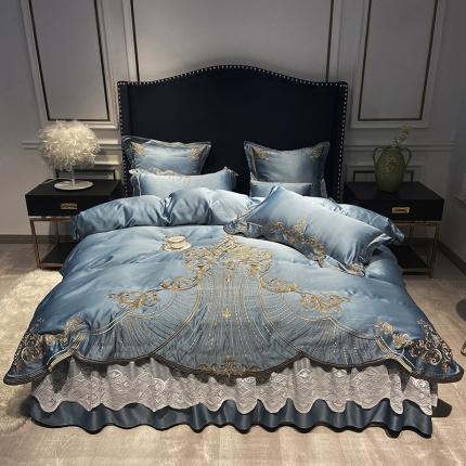 品家居 2021新款世嘉系列刺绣床裙款四件套 蓝灰