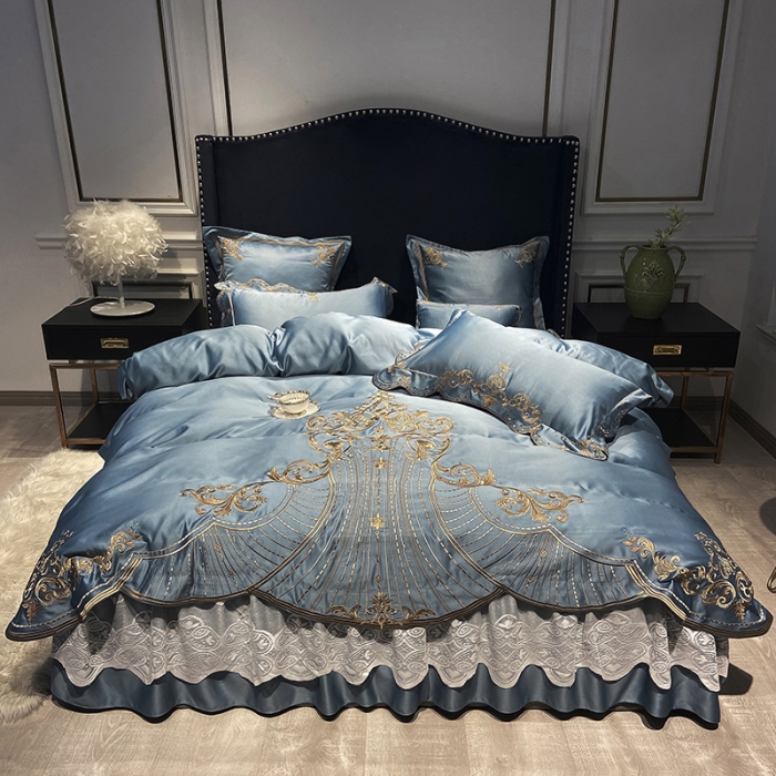 91家纺网 家纺一手货源 找家纺 品家居 2021新款世嘉系列刺绣床裙款四件套 蓝灰