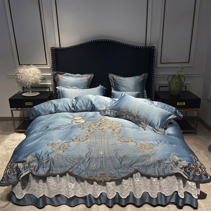 91家纺网 家纺一手货源 找家纺 品家居 2021新款世嘉系列刺绣床裙款四件套 蓝灰