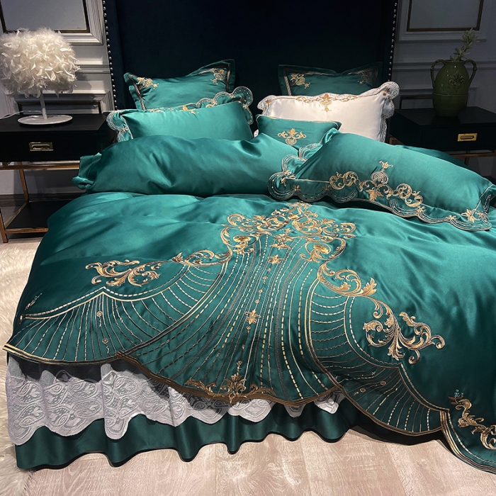 91家纺网 家纺一手货源 找家纺 品家居 2021新款世嘉系列刺绣床裙款四件套 墨绿