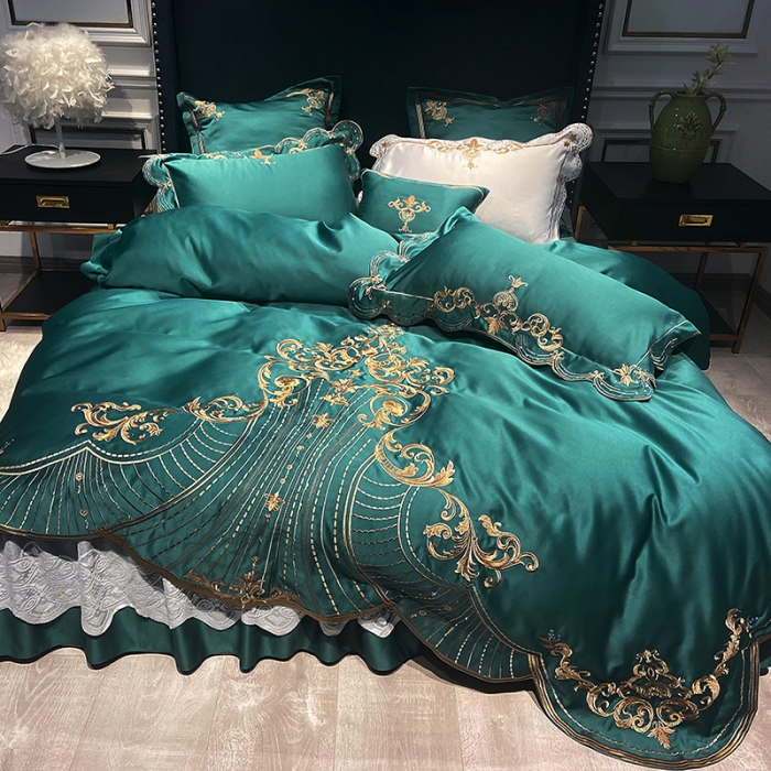 91家纺网 家纺一手货源 找家纺 品家居 2021新款世嘉系列刺绣床裙款四件套 墨绿