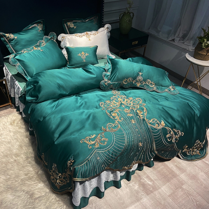 91家纺网 家纺一手货源 找家纺 品家居 2021新款世嘉系列刺绣床裙款四件套 墨绿