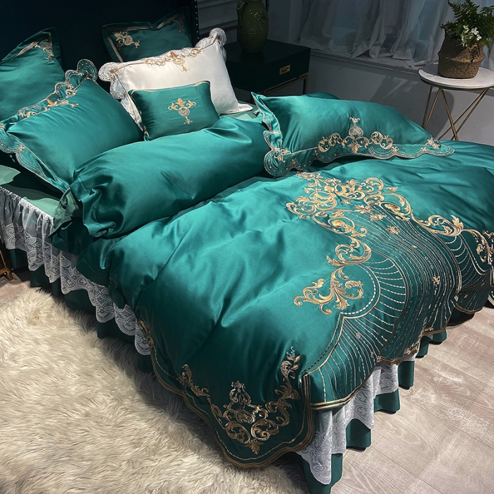 91家纺网 家纺一手货源 找家纺 品家居 2021新款世嘉系列刺绣床裙款四件套 墨绿