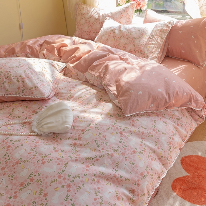 91家纺网 家纺一手货源 找家纺 千朵 2021新款13372全棉印花四件套 花环兔