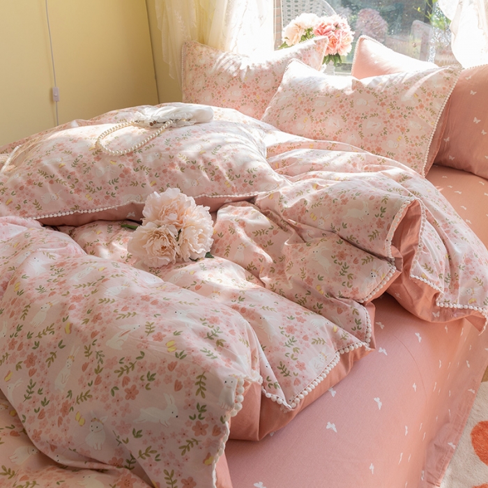 91家纺网 家纺一手货源 找家纺 千朵 2021新款13372全棉印花四件套 花环兔