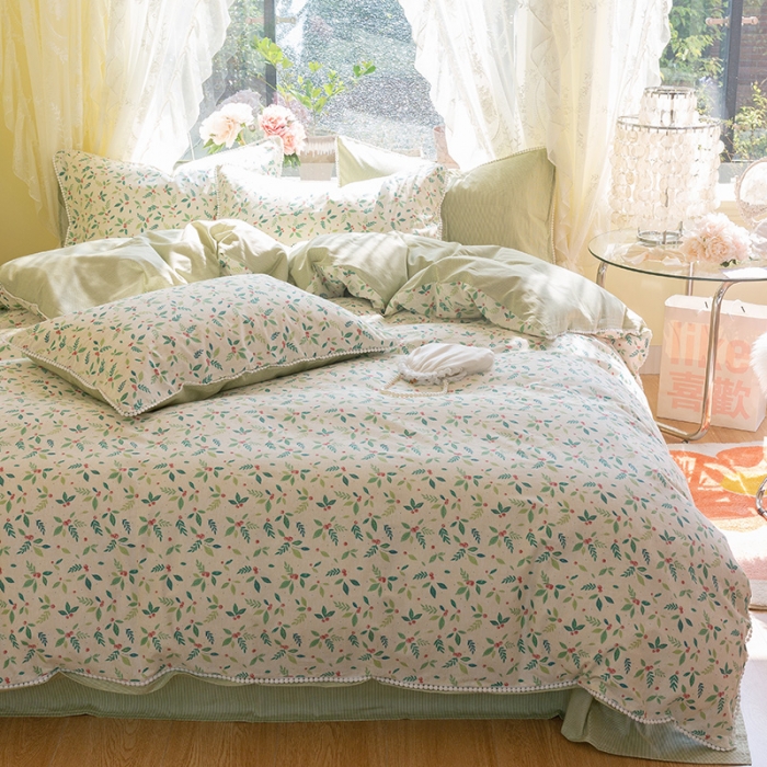 91家纺网 家纺一手货源 找家纺 千朵 2021新款13372全棉印花四件套 树叶