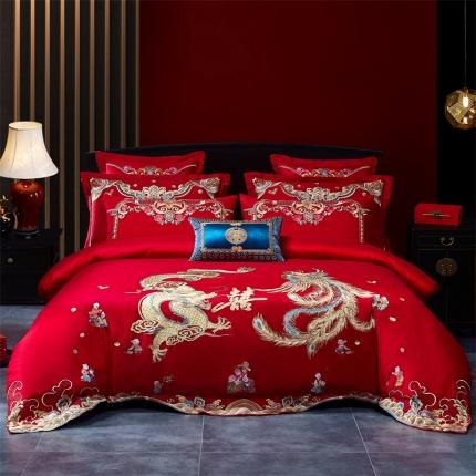 91家纺网 家纺一手货源 找家纺 2025新款全棉绣花大红婚庆四件套多件套直播双面60百子龙凤