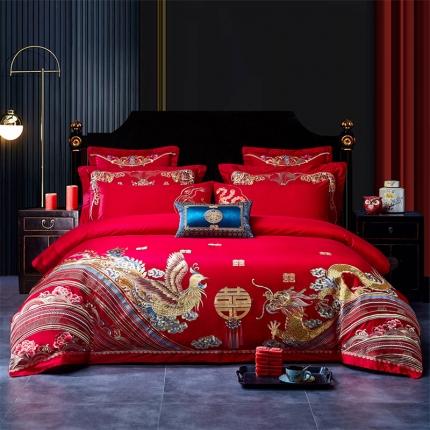 91家纺网 家纺一手货源 找家纺 2025新款全棉绣花大红婚庆四件套多件套直播双面60龙凤祥和