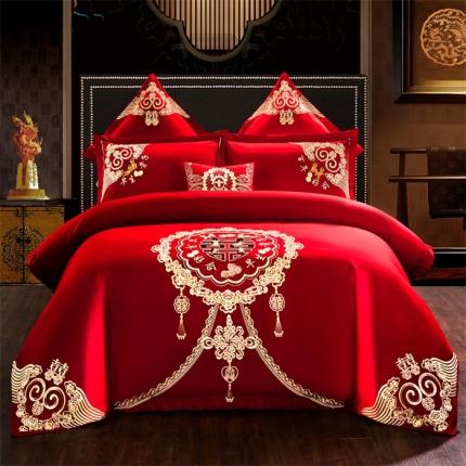 91家纺网 家纺一手货源 找家纺 布乐意 2025新款全棉绣花大红婚庆四件套多件套直播多子多福