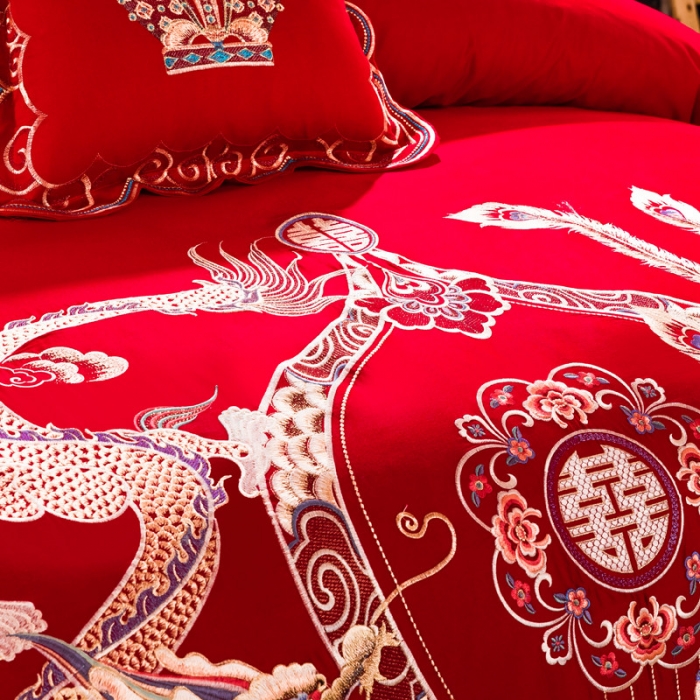 91家纺网 家纺一手货源 找家纺 布乐意 2025新款全棉绣花大红婚庆四件套多件套直播龙凤和美