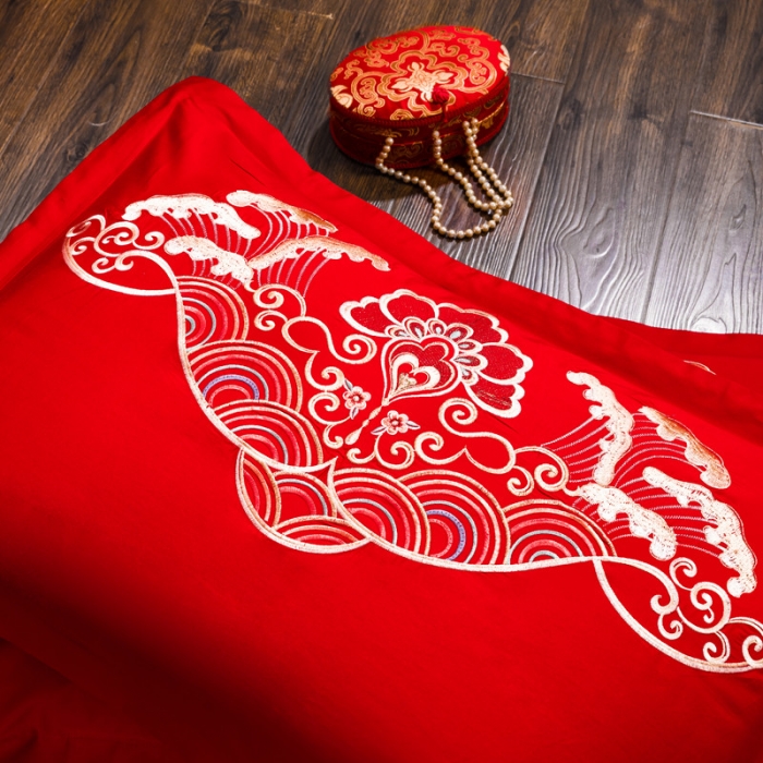 91家纺网 家纺一手货源 找家纺 布乐意 2025新款全棉绣花大红婚庆四件套多件套直播龙凤和美