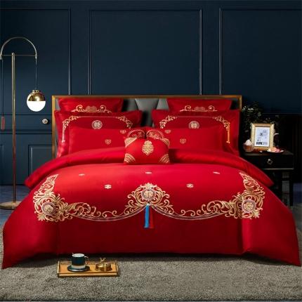 91家纺网 家纺一手货源 找家纺 布乐意 2025新款全棉绣花大红婚庆四件套多件套直播千禧姻缘