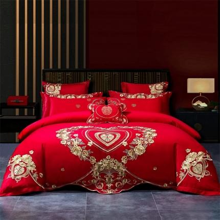 91家纺网 家纺一手货源 找家纺 布乐意 2025新款全棉绣花大红婚庆四件套多件套直播情投意合