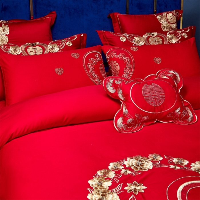 91家纺网 家纺一手货源 找家纺 布乐意 2025新款全棉绣花大红婚庆四件套多件套直播情投意合