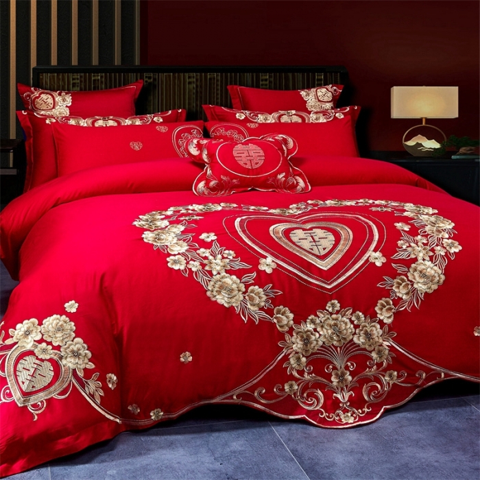 91家纺网 家纺一手货源 找家纺 布乐意 2025新款全棉绣花大红婚庆四件套多件套直播情投意合