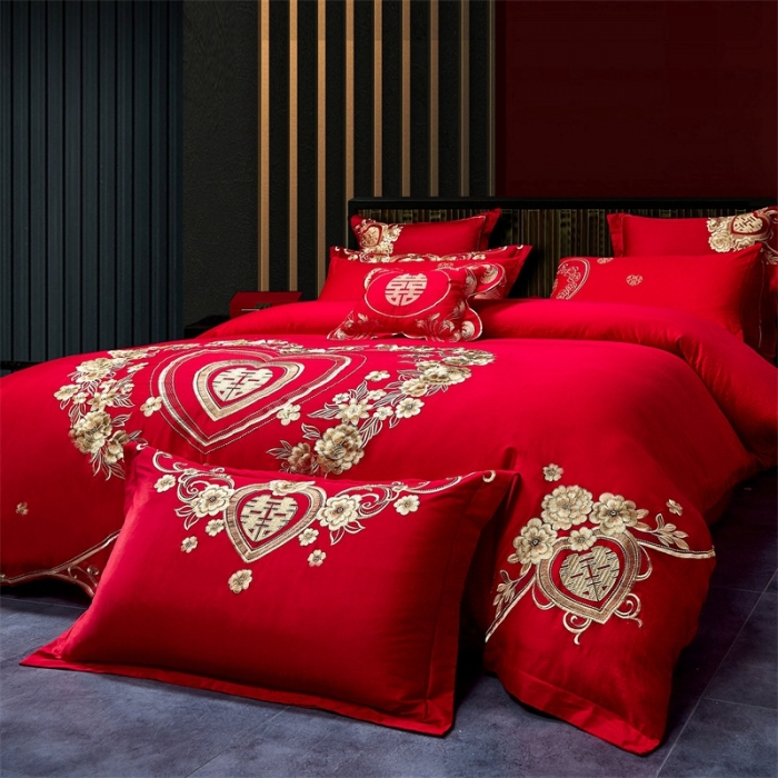 91家纺网 家纺一手货源 找家纺 布乐意 2025新款全棉绣花大红婚庆四件套多件套直播情投意合