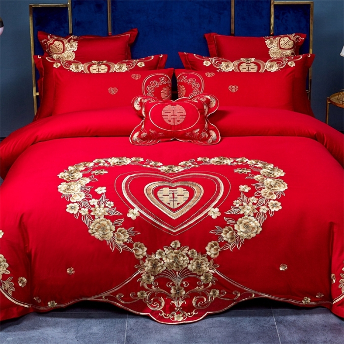 91家纺网 家纺一手货源 找家纺 布乐意 2025新款全棉绣花大红婚庆四件套多件套直播情投意合