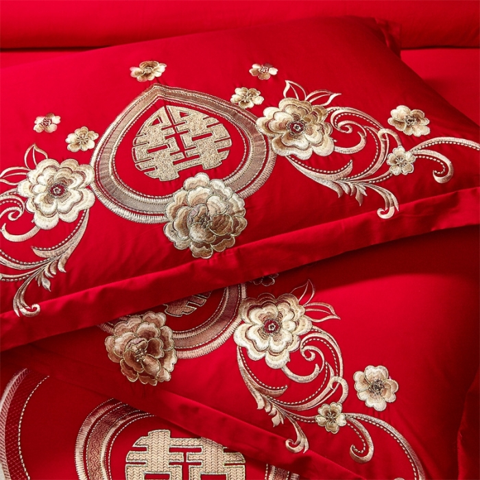 91家纺网 家纺一手货源 找家纺 布乐意 2025新款全棉绣花大红婚庆四件套多件套直播情投意合