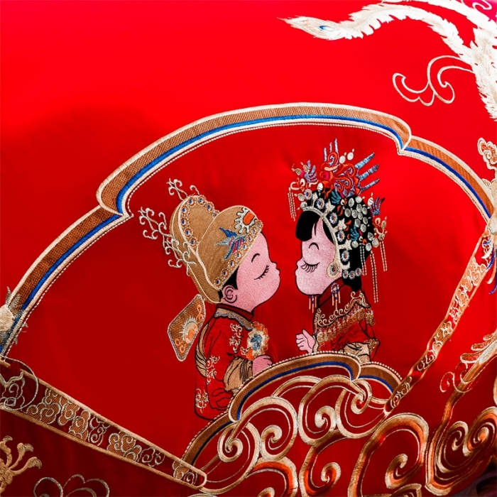 91家纺网 家纺一手货源 找家纺 布乐意 2025新款全棉绣花大红婚庆四件套多件套直播普天同庆