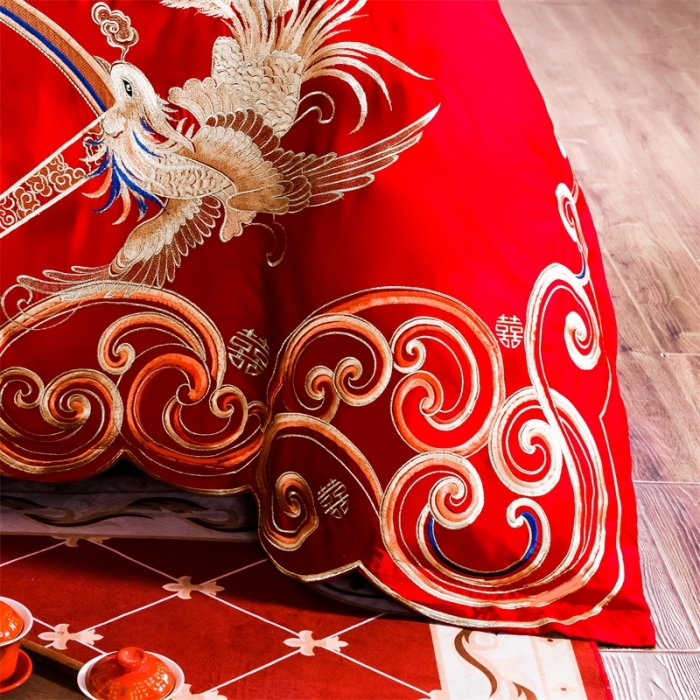 91家纺网 家纺一手货源 找家纺 布乐意 2025新款全棉绣花大红婚庆四件套多件套直播普天同庆