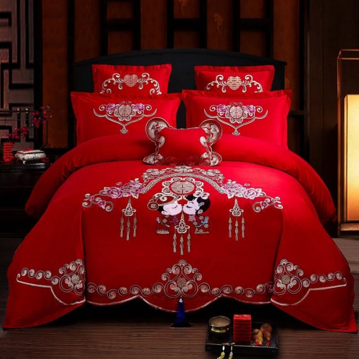 91家纺网 家纺一手货源 找家纺 布乐意 2025新款全棉绣花大红婚庆四件套多件套直播美满婚姻